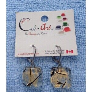 Bijoux Cre-Art Glass Square Dangle Earrings Clear Gold Color Black Canadian Art